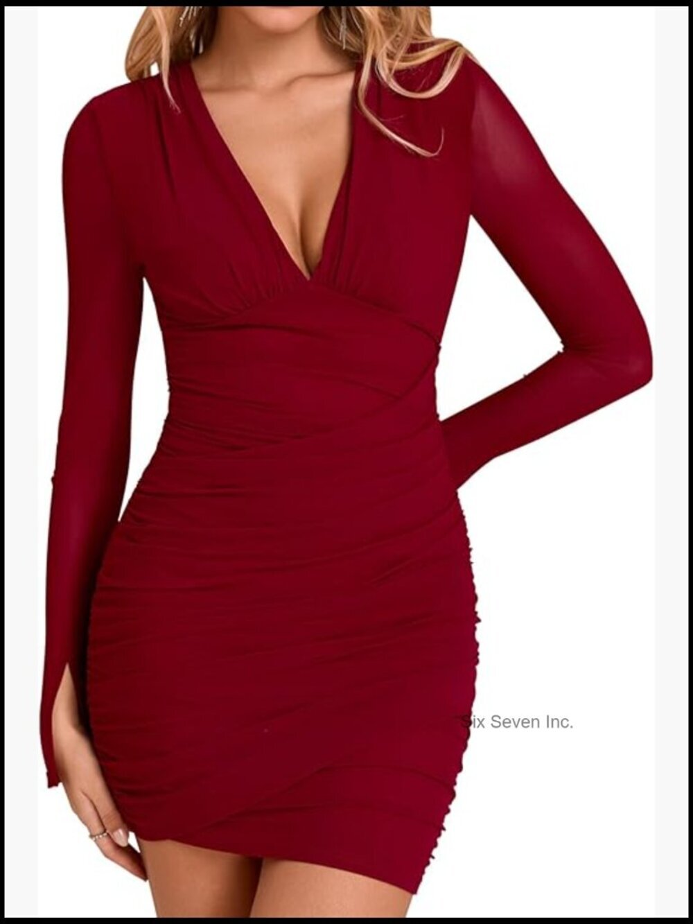 Long Sleeve Bodycon Mini Dress V-Neck Ruched Club Night Out Party